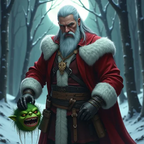 A dark and gritty depiction of Santa Claus as a Witcher in a high-fantasy setting. Santa has a rugged, muscular build, silver hair tied back, and cat-like piercing eyes. His armor is a fusion of Witcher gear and Santas traditional red and white outfit, wit...