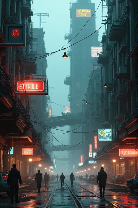 Dystopian city with dieselpunk neons