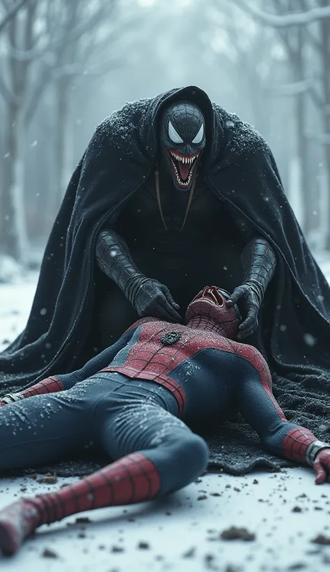 A photorealistic image of a large ferocious-looking wounded vampire with sharp teeth wearing black coat laying helpless  through a snowy landscape,  spiderman and venom are standing over a large ferocious looking vampire 