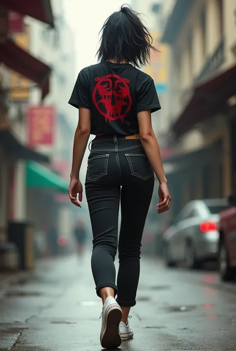 Girl with hair lower her shoulders punk style layered , M-size body of a Latina walking with her back to the camera 
dressed in high-waisted pants hysterical style black chic red short t-shirt with white converse shoes 
