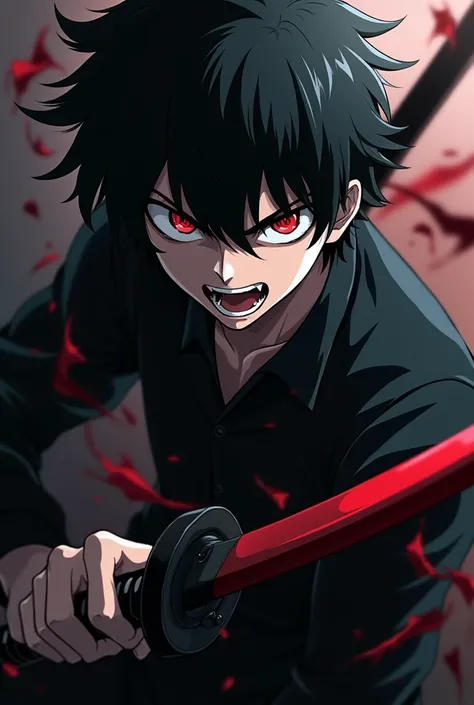 Create a male anime character with empty red eyes , Her katana is blood red with black , Are your teeth pointy , your hair is black , Your hair isnt long , Make him dark , Show pointy teeth  , Leave him as if he were dying and furious 