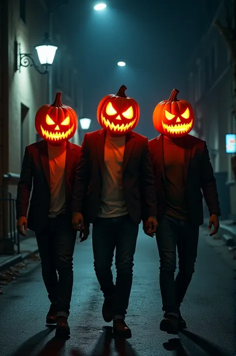 3 men walking at night wearing pumpkin mask