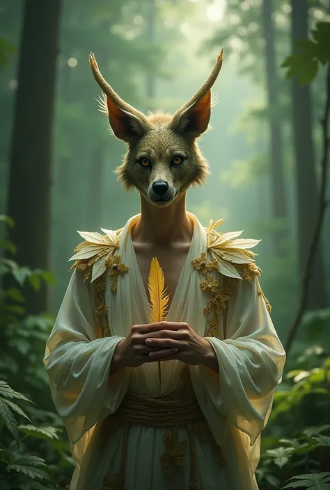 A forest where there is a TEENAGER LIKE 19 wearing an animal mask that covers his forehead and eyes and leaves his mouth ,  was and in your hands that you hold a golden feather

Q the forest looks more magical but with a touch of terror

Take off the robe ...