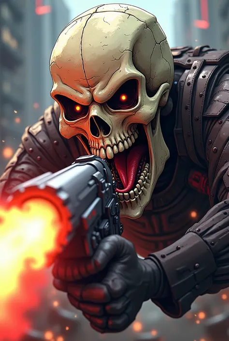 Angry open-mouthed skull shooting forward anime-style machine gun farther


