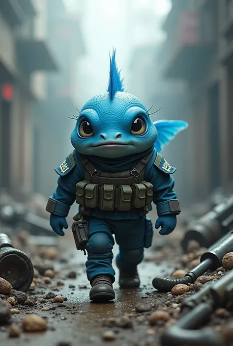  create a picture of the character of the blue tempalo fish  (tiny) wearing a PDL tactical prison guard uniform,  walking downcast as the war finished, against the background of the location of the war debris 