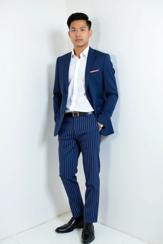  photography of a handsome Indonesian man wearing a white shirt,  blue suit and wearing blue striped white ,  blue pants, neat black hair. standing on plain white background .  professional photography , high quality, high resolution, Very real, very clear...