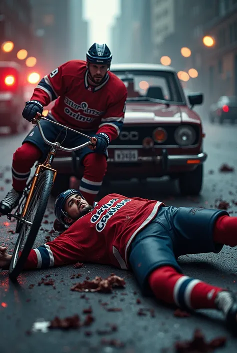 2 hockey players ridinb bicycles are hit by a car, make it bloody and wearking Columbus jersey