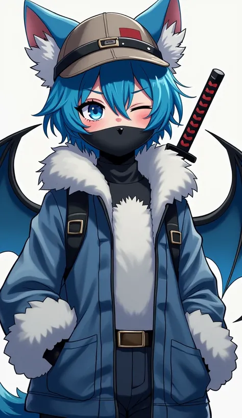 anime, teenager, blue hair boy , white cat ears ,  white wolf tail ,  black bear mouth cover ,  bricklayers newspaper hat ,  furry suit with white breast , katanas on the back, dragon wings on the back  , Winking left eye
