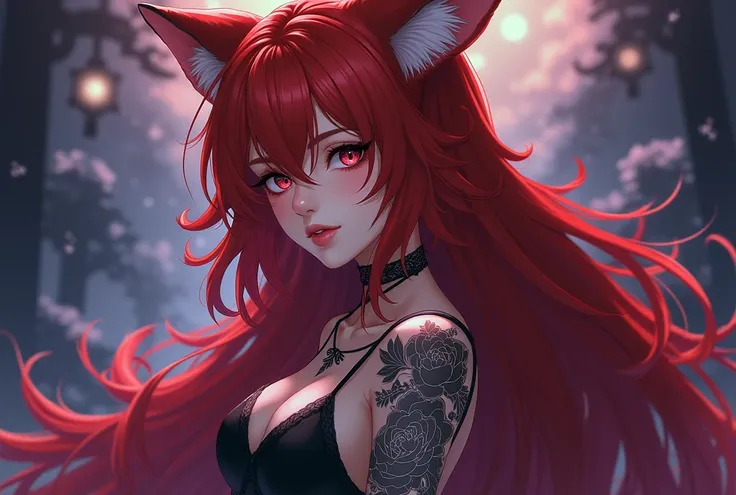 Anime kitsune girl readhead dark tattoos purple