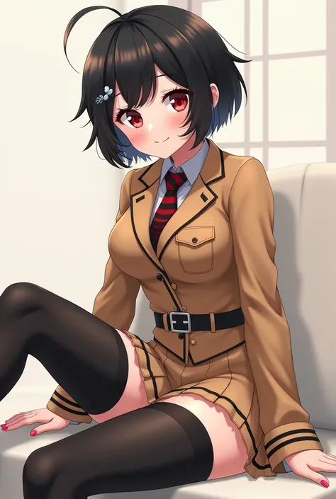 A tan gyaru school girl outfit, pixie half shaved short black-haired anime girl with red eyes and big breasts sits with piercing on her eyebrow