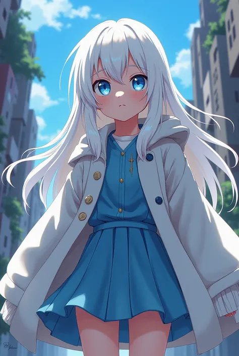 Boku no Hero Comics:  an oversized white-haired 15-year-old girl,blue eyes white eyelashes , fair skin 