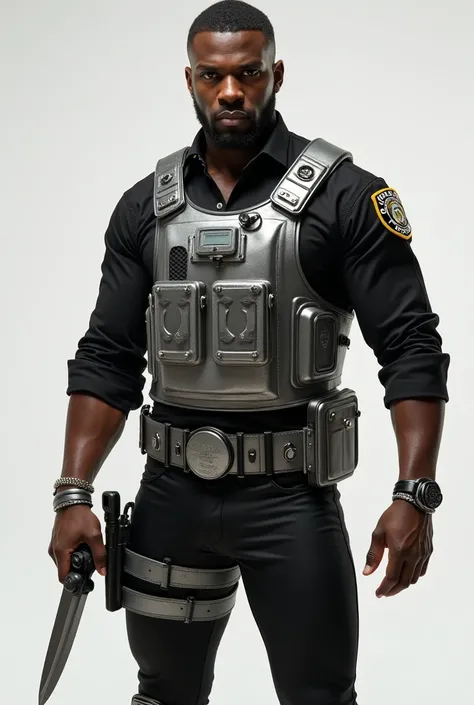 black man, athletic body ,CALVO,silver bracelets,metal vest with two straps , at the ends of the straps , a communicator, SILVER BOOTS ,silver utility belt , silver underwear, black legging pants,  black shirt under the vest , police badge on the sleeves o...