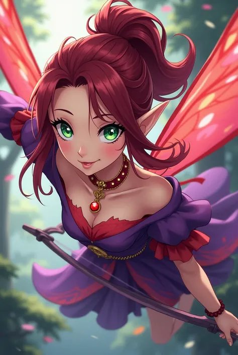  anime-style design , of a very beautiful woman ,  with elven features , pero what is un hada, with wine-red hair tied in a ponytail,  with eyes mixed colors of emerald red and another emerald green , dressed as a fairy ,  with bright purple and fiery red ...