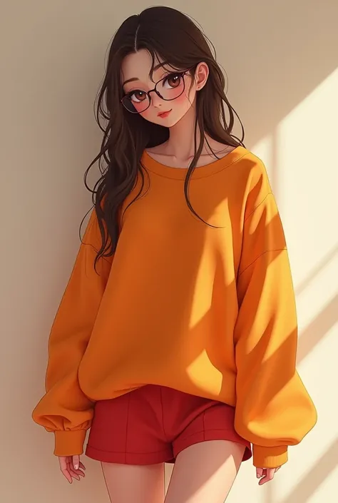  Beautiful girl with long wavy hair, orange sweatshirt with a short red skirt with glasses with short hair showing panties with a naked blushed face 