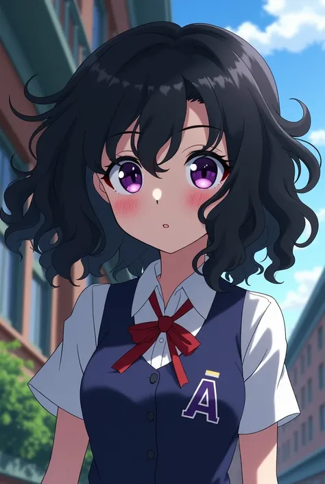  screenshot. Boku no but academy .Middle-height girl . with big curly black hair. screenshot.dark purple eyes. class A uniform _in 