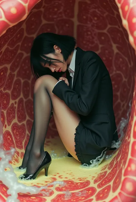 Stomach, red tissue patterned stomach surface with clear yellow water, bubbling, trapped inside the stomach  :: There was a Japanese woman wearing a black office suit, a black miniskirt, black tights, black heels, her skin oozing, melting, sleeping, huggin...