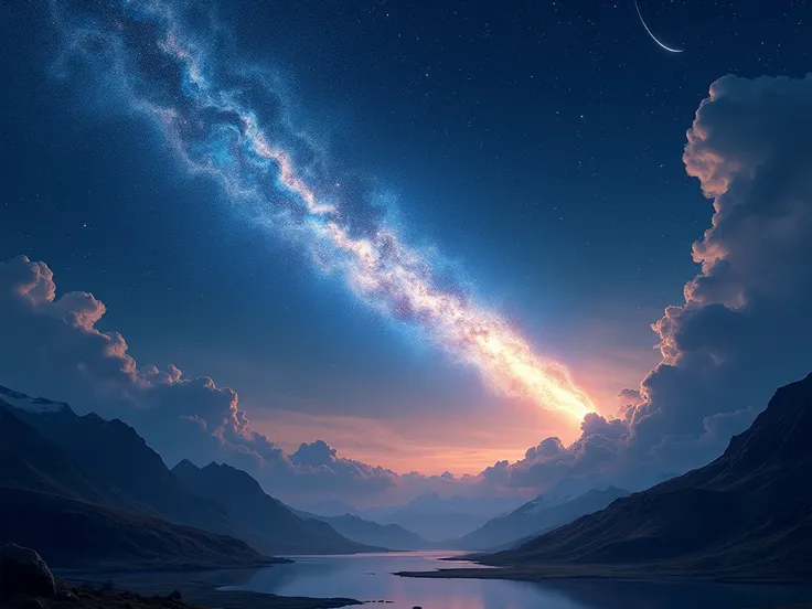 "An awe-inspiring depiction of Halleys Comet blazing across a starry night sky, its luminous tail stretching dramatically, with vivid streaks of white, blue, and gold. The scene features a tranquil landscape below, perhaps with mountains or a serene lake r...