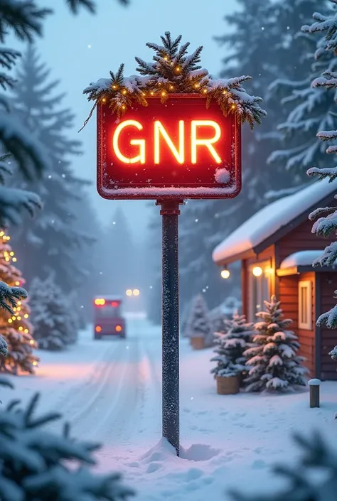 A traffic information sign  ,  arrow indicating the GNR gas station management and surrounding it a snowy and Christmas environment