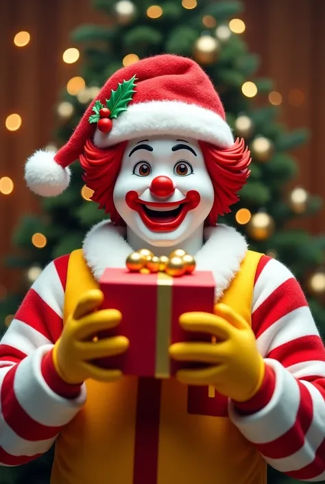 a Christmas advertisement of Ronald McDonald wearing a Christmas hat holding a happy McDonalds box in his hand
