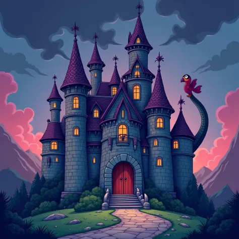 Make a cartoon of a dragon castle, dark, simple and colorful .