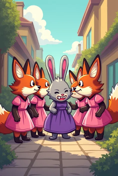 Various foxes in pink dresses making fun of the rabbit in purple pixel art dress