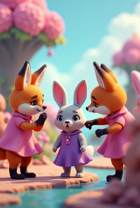 Various foxes in pink dresses making fun of the rabbit in purple pixel art dress 3d