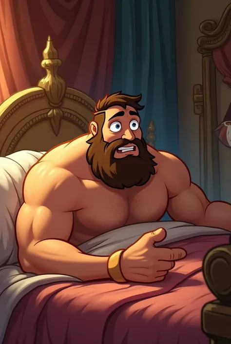 A Hebrew strongman wakes up on a bed Philistine house scared Disney Pixar cartoon 