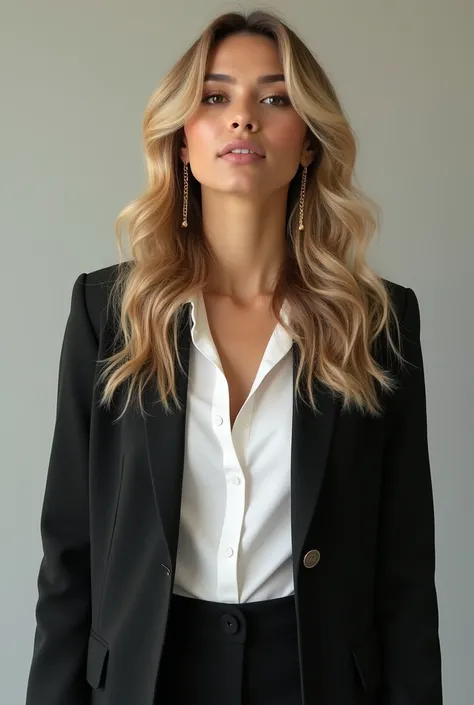  Generate a very realistic and natural photo of a 35-year-old Brazilian woman,  blond hair with wavy and long curls  , Wear gold earrings  , Light makeup is showing with your hands down wearing a black blazer, white shirt,  black pants , your fingers are p...