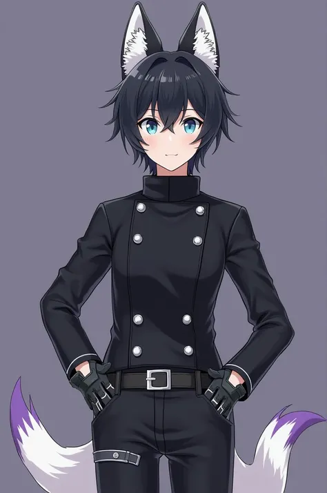  Male character Clothing :  He wears a dark outfit that includes :
 A black jacket with silver buttons and a high collar.
 black pants.
 A black belt with a silver buckle .
 Black shoes with white details on the top . ears and tail :  He has ears and a fox...