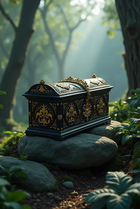 The image must have a mystical and elegant style ,  with high-quality details and crisp textures . a burial casket all ornamented in Baroque art style, all black and gold details,hyper realistic , that casket on top of a rock in a forest  ,  background to ...