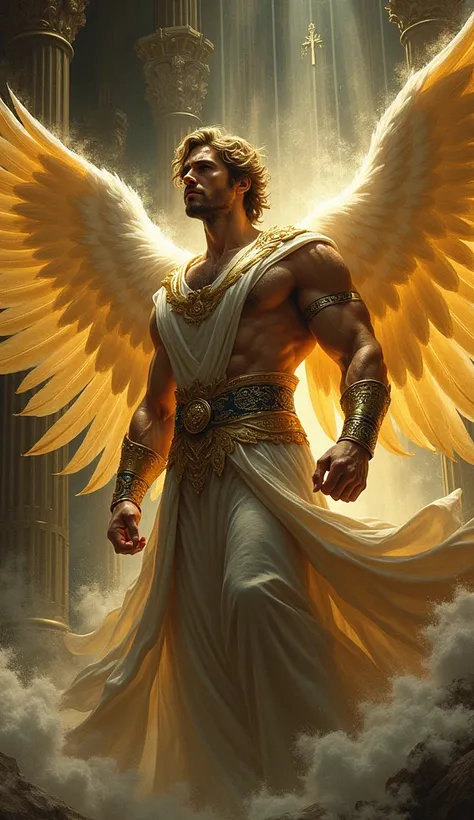 an image of an angel with golden wings, in style of anne stokes, absolute chad, masculine face, drew struzan illustration art, streaming on twitch, adult character, very detailed and high quality, & the artist has used bright, twink, golden colour, imperiu...