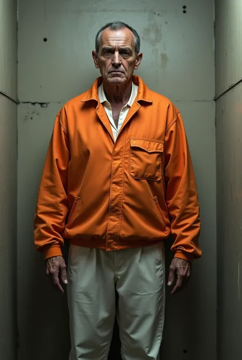 Create a photorealistic image of a man in prison wearing an orange jacket and white pants