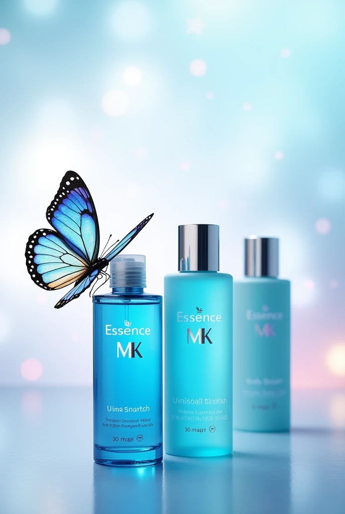 I want you to create an image of a kit with 3 blue body splashes in different colors ,  for the product line “Essence MK” to make sure there is a butterfly in the package
