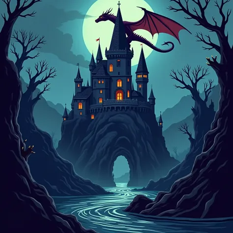 elabora un vector de un castillo del dragon, tenebroso, simple y colorido.