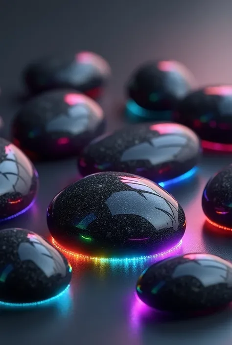 black small expensive looking stones with raindow glowing outline