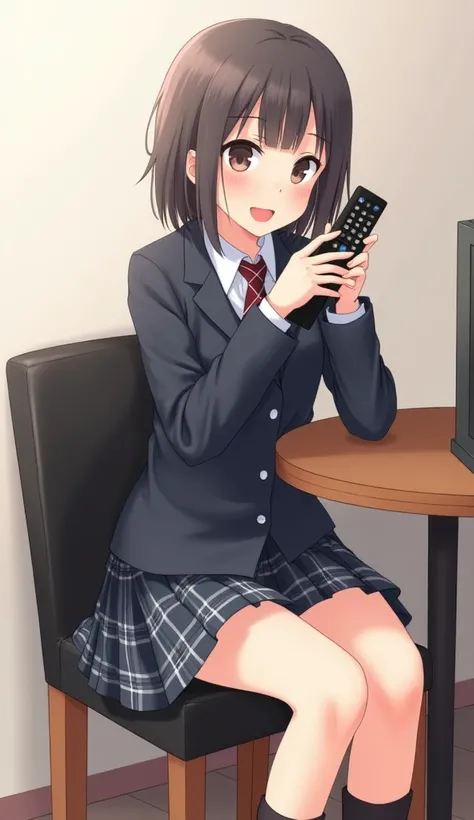 An anime-style illustration of a teenage woman sitting on a black leather dining chair and backrest with wooden legs. She wears a school uniform that includes a dark jacket and a plaid skirt., while holding a black television remote control in her hands at...