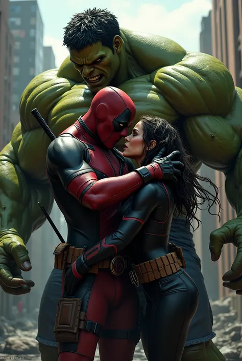 Deadpool and Venom kissing a girl in a passionate way, Deadpool is strong but hulk  is bigger and more muscular