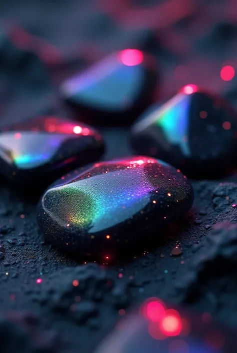 black expensive looking coal stones which glow with rainbow color