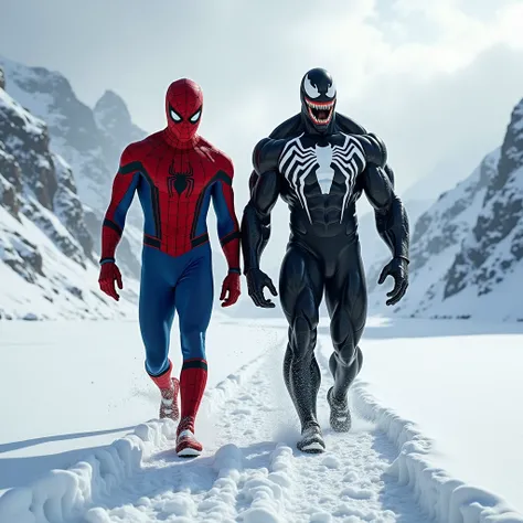  A photorealistic image of spiderman and venom both are walking in front forward direction through a snowy landscape 