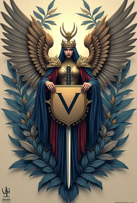 Create a Mordeno family coat of arms from the Vankassio family using a 6-winged angel with a V in the middle of the coat of arms and a shield with 6 wings and a katana and a wife on the sides, the katana rhodium-plated with tobacco branches and the sword s...