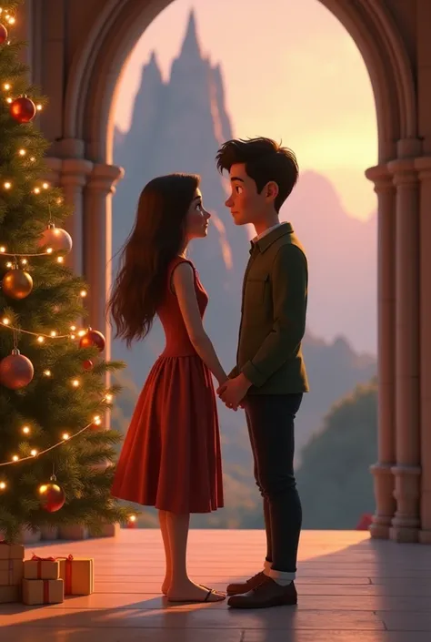 Create an animation of a couple in Moncerrate next to the Christmas tree, she is white-skinned, brown-haired and he is tan-skinned with black hair 