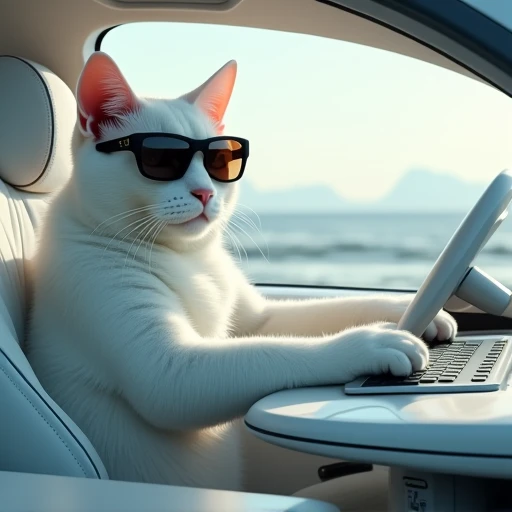 Macho white cat wearing sunglasses rides。

The car of the future where the computer desk runs as it is