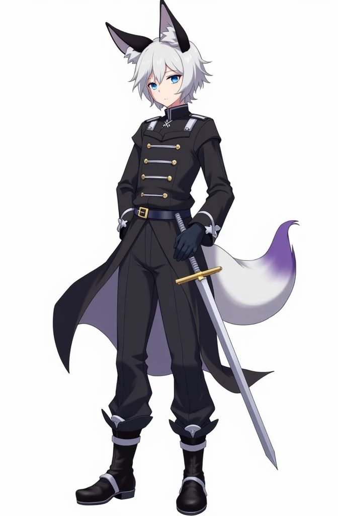  character :Male Clothing :  He wears a dark outfit that includes :
 A black military vest with silver buttons and a high collar.
 black pants. And dark gloves 
A black belt with a silver sword .
 Black shoes with white details on the top . ears and tail :...