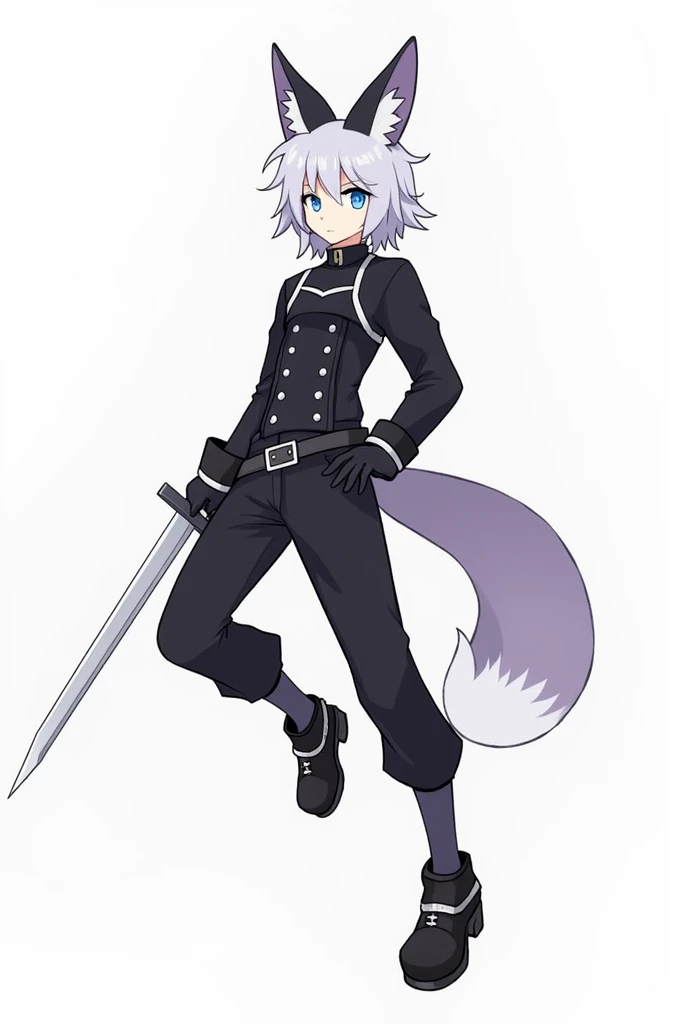  character :Male Clothing :  He wears a dark outfit that includes :
 A black military vest with silver buttons and a high collar.
 black pants. And dark gloves 
A black belt with a silver sword .
 Black shoes with white details on the top . ears and tail :...