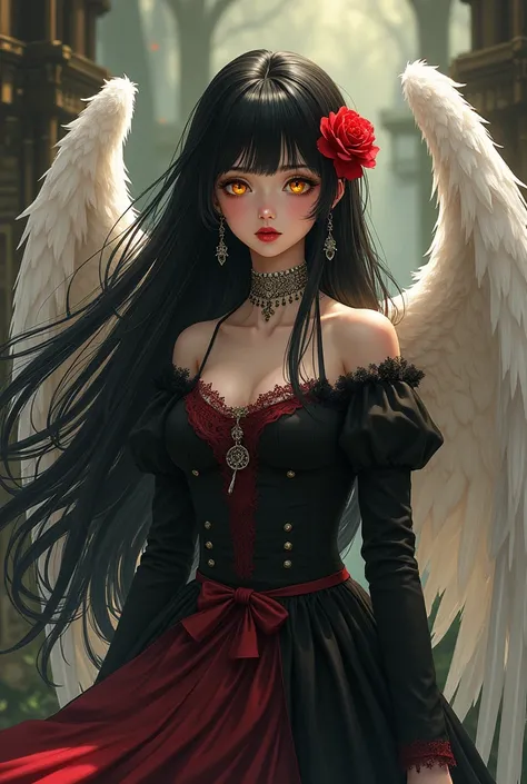  Beautiful Victorian-era girl with long black hair with a red flower in her hair, with bright yellow eyes,  bright red lips ,  with white angel wings , epic illustration ,  High resolution,Adult girl, ((  with medieval scenery in the background )),  moving...