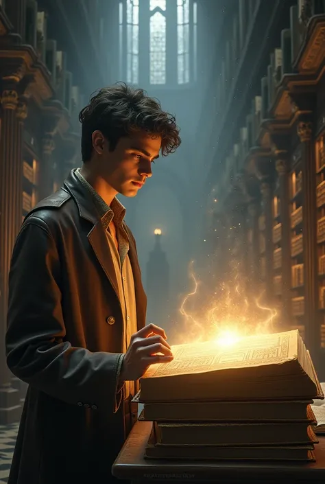 A young man talks to a big legendary book that lights up in the library
