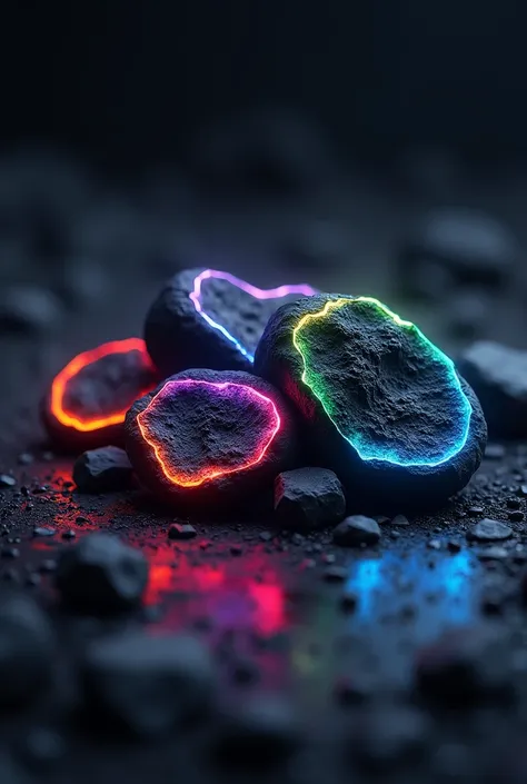 black expensive looking coal stones with raindow glowing outline