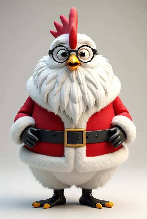 Animated fat white rooster with glasses dressed as Santa Claus.