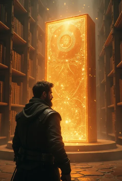 A young man with a beard talks to a big legendary book that shines in the library
