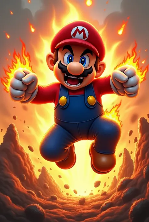 Super Mario furioso jumps with fire in his hands